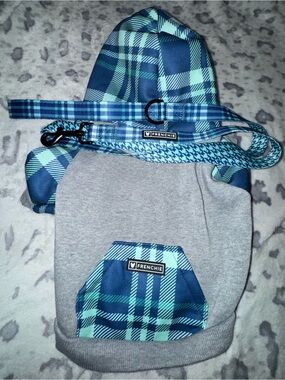 Frenchie Blue Plaid Dog Hoodie with Matching Leash